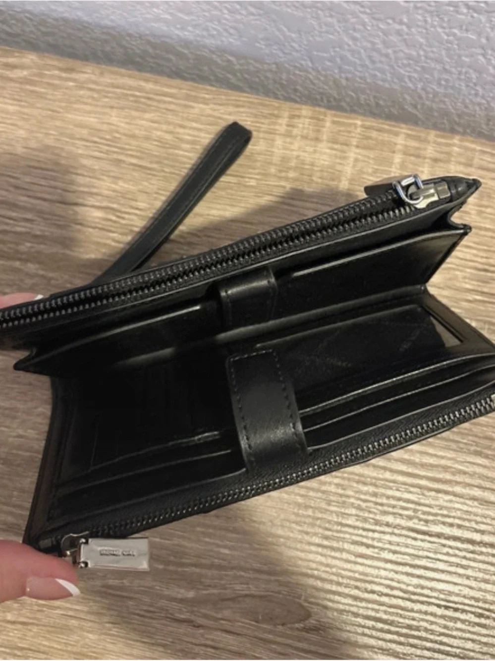 Michael Kors Black Wallet Wristlet with Leopard Accent